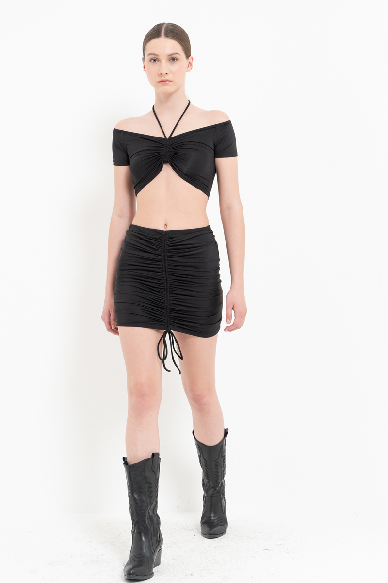 New Pink V-Neck Crop Top & Ruched Mini Skirt Set
