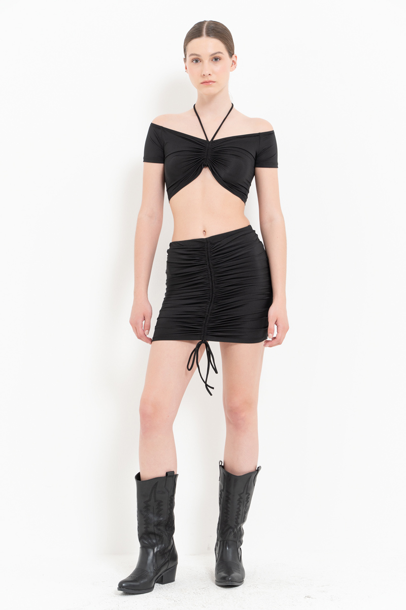 Black V-Neck Crop Top & Ruched Mini Skirt Set