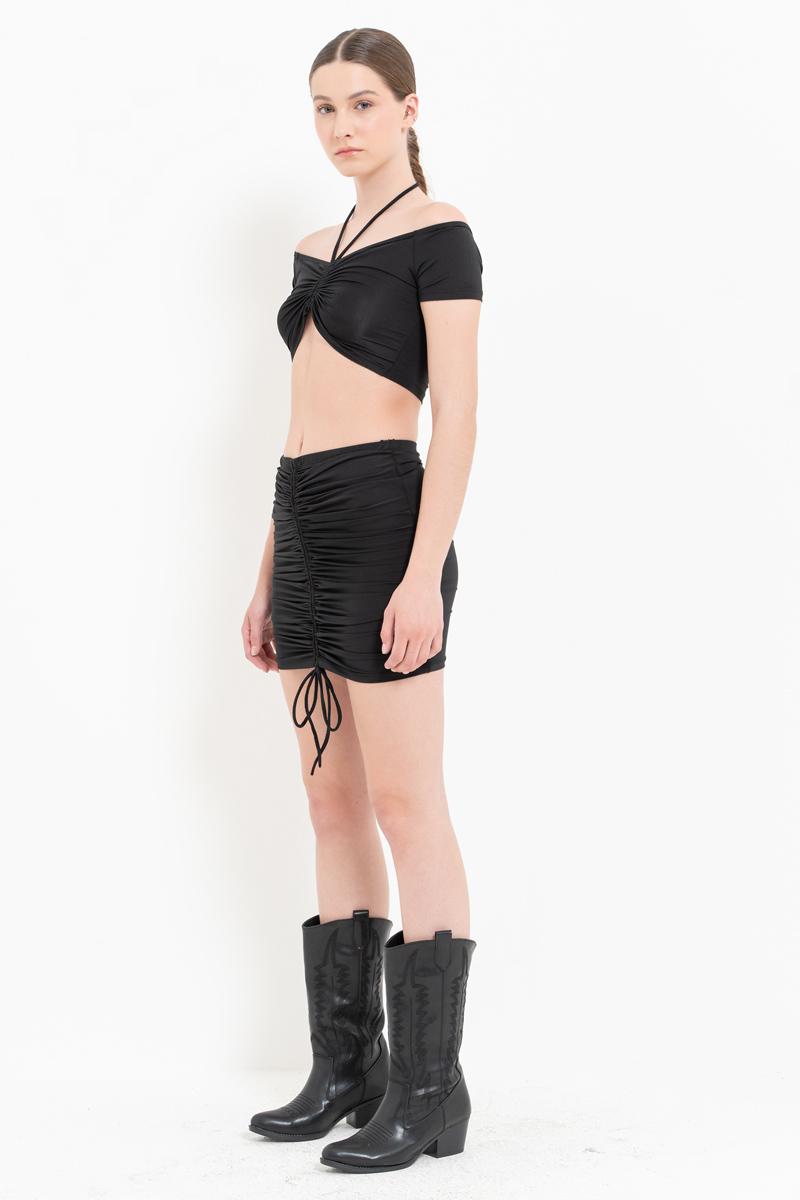 Wholesale Black V-Neck Crop Top & Ruched Mini Skirt Set