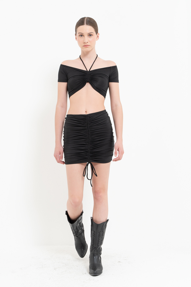 Wholesale Black V-Neck Crop Top & Ruched Mini Skirt Set