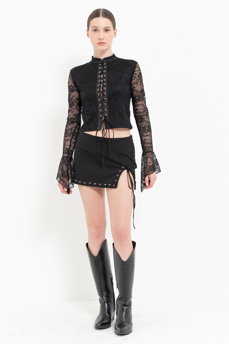 Black Eyelet-Hem Mini Skirt