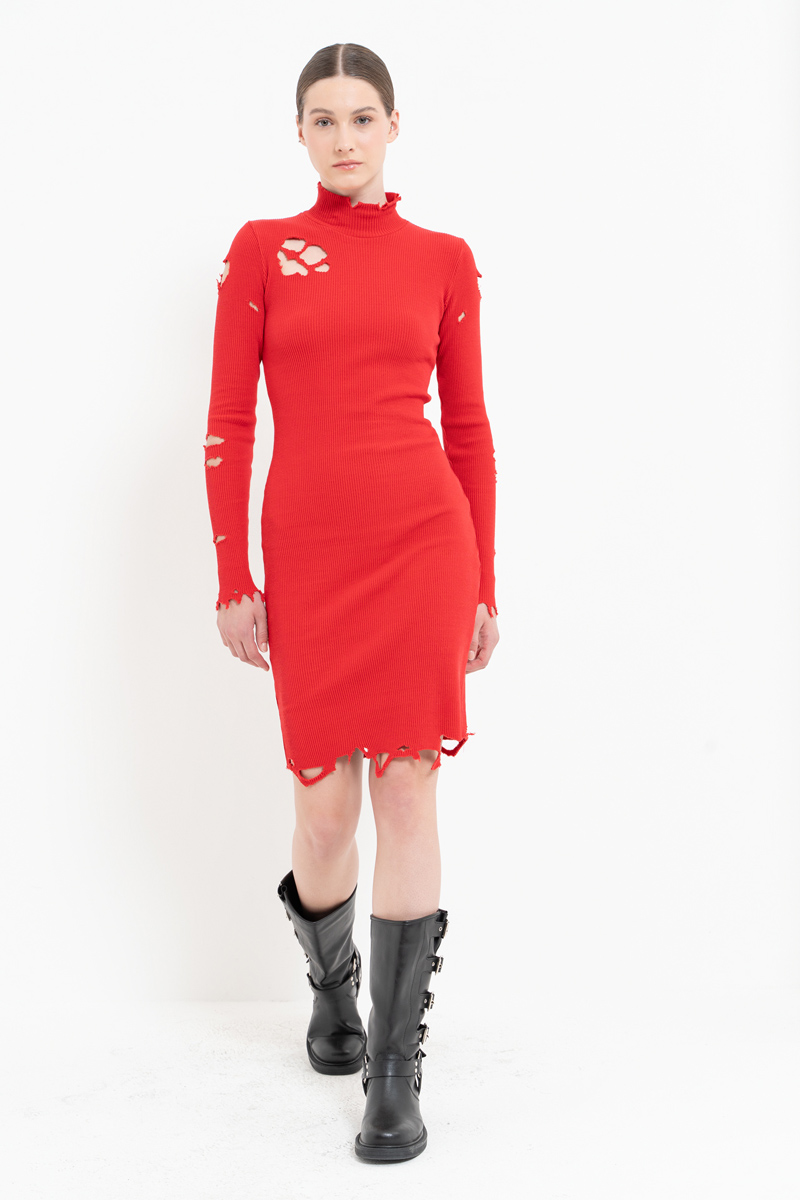 Uzun Kollu Kırmızı Mini Elbise