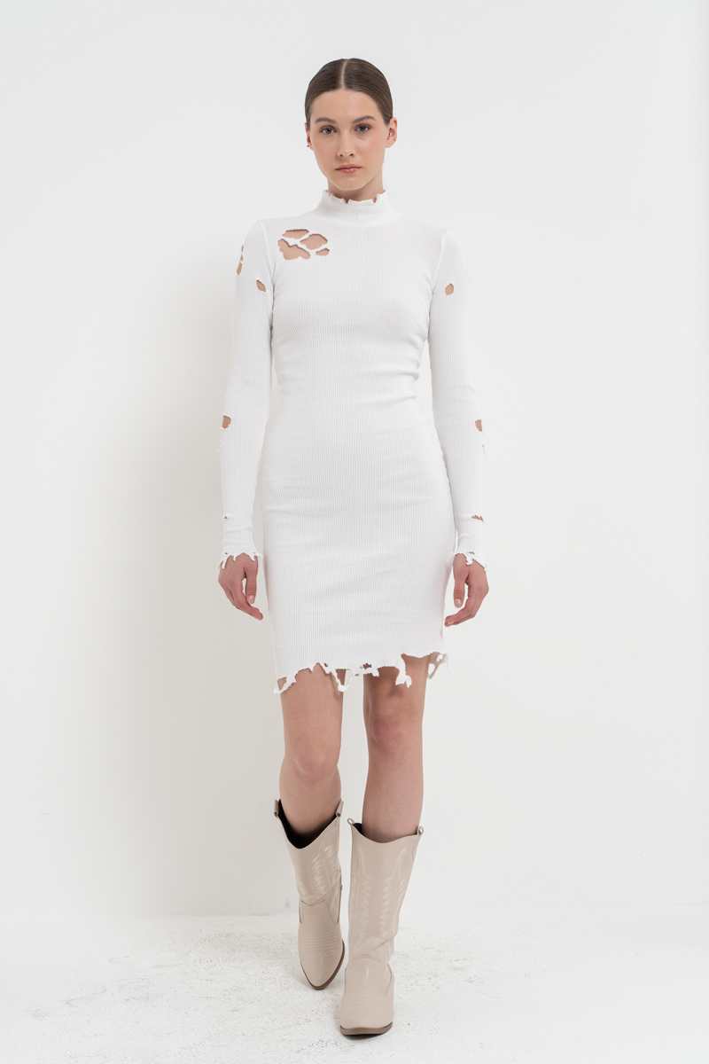 Toptan Uzun Kollu Off white Mini Elbise