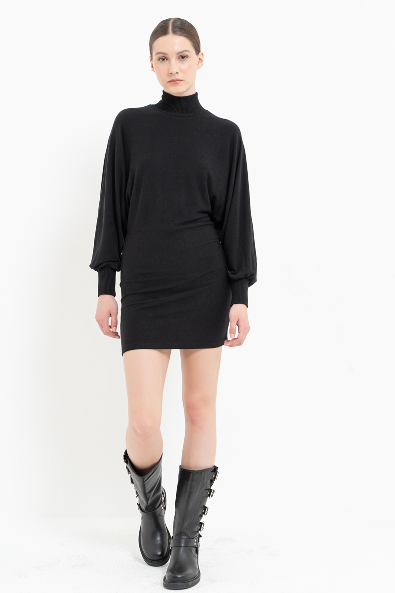 Toptan Yarasa Kollu Siyah Balıkçı Yaka Mini Elbise