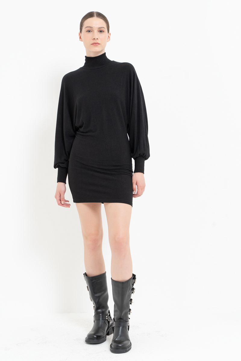Batwing Sleeve  Black Turtleneck Mini Dress