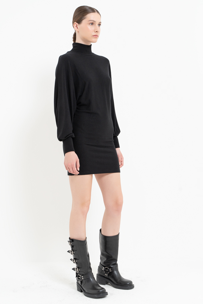 Wholesale Batwing Sleeve  Black Turtleneck Mini Dress