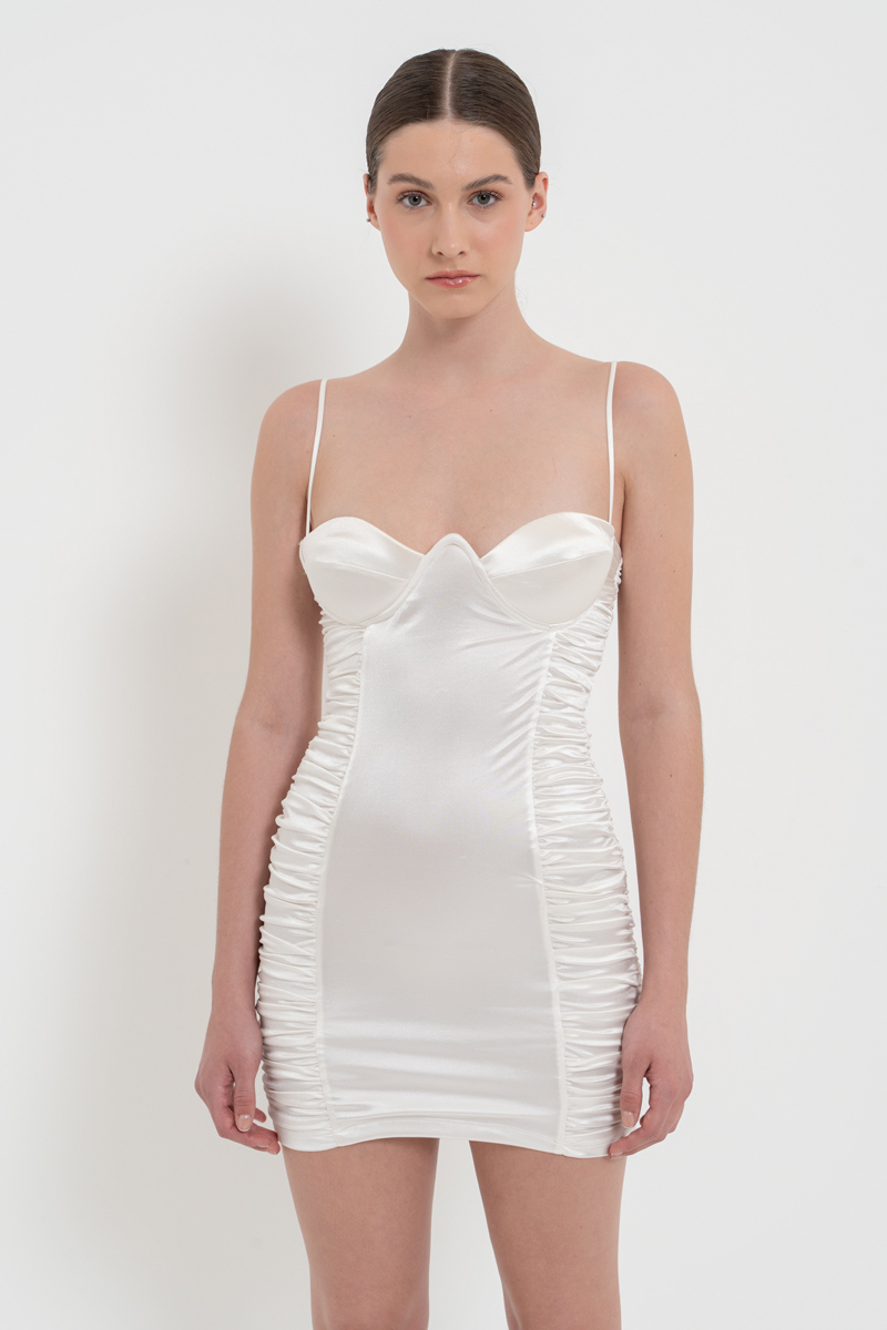 Off white Askılı Büzgülü Saten Elbise