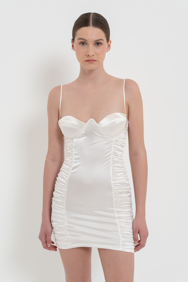 Toptan Off white Askılı Büzgülü Saten Elbise