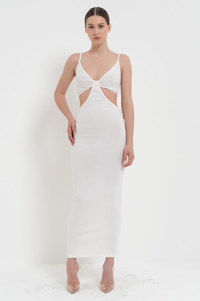 Wholesale Offwhite Cut Out Belly Ribbed Dress