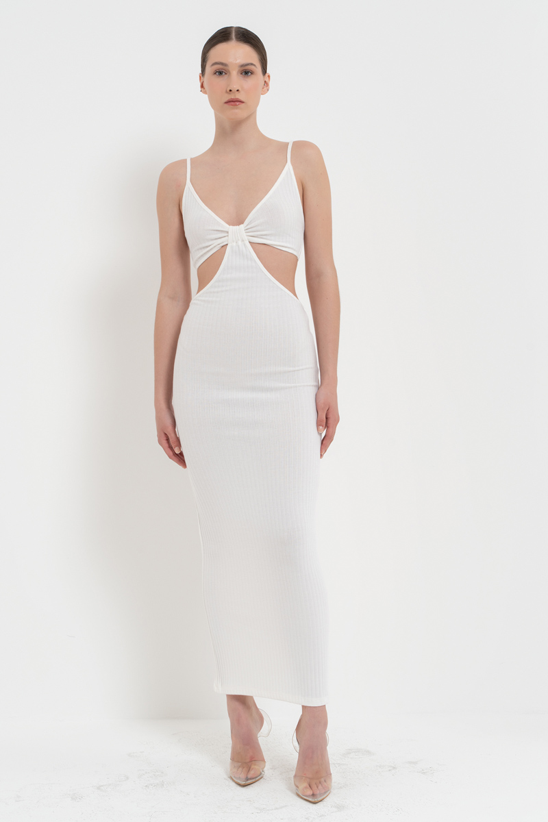 Wholesale Offwhite Cut Out Belly Ribbed Dress