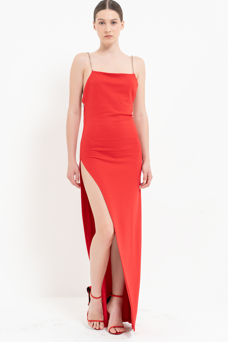 Wholesale Red Chain-Strap Split-Side Dress