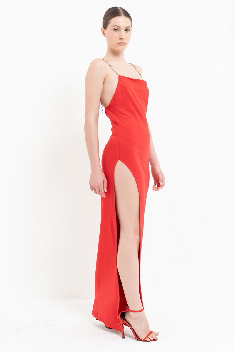 Red Chain-Strap Split-Side Dress