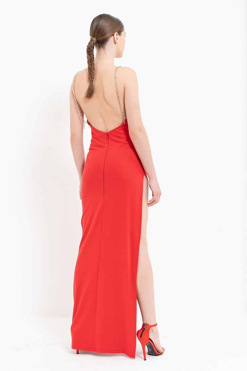 Red Chain-Strap Split-Side Dress