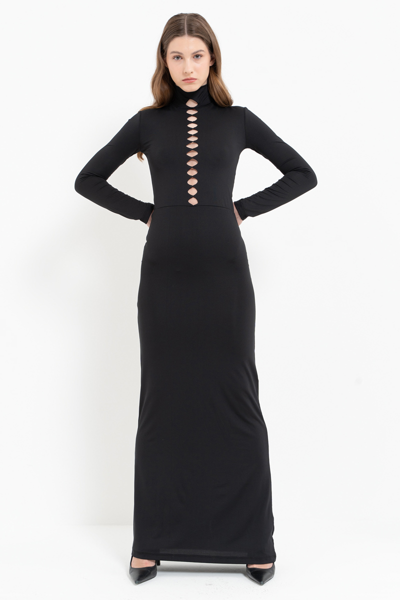 Black Mock Neck Cut Out Maxi Dress