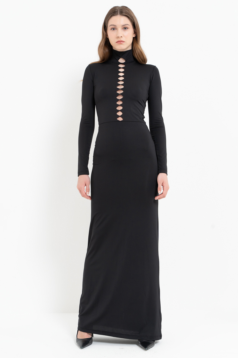 Black Mock Neck Cut Out Maxi Dress