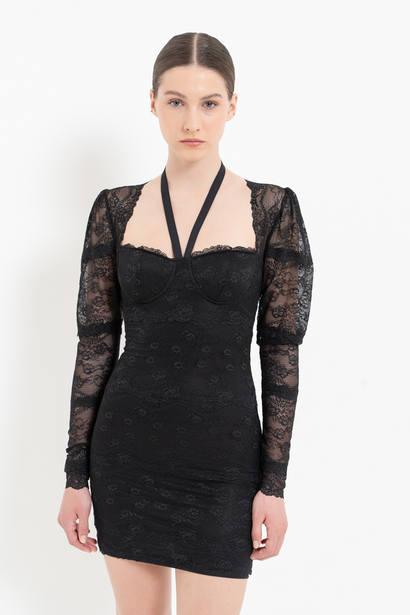 Black Long-Sleeve Lace Mini Dress