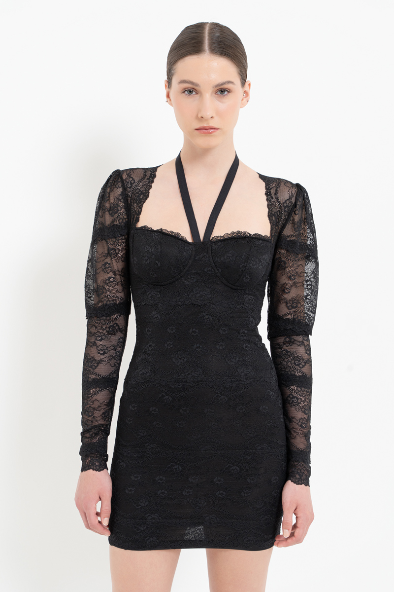 Black Long-Sleeve Lace Mini Dress