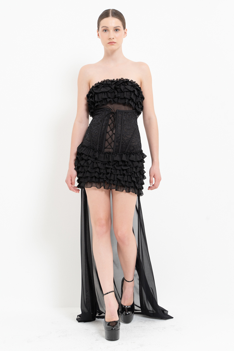 Black Ruffle-Trim High-Low Mesh Dress