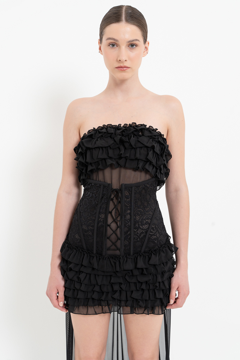 Black Ruffle-Trim High-Low Mesh Dress