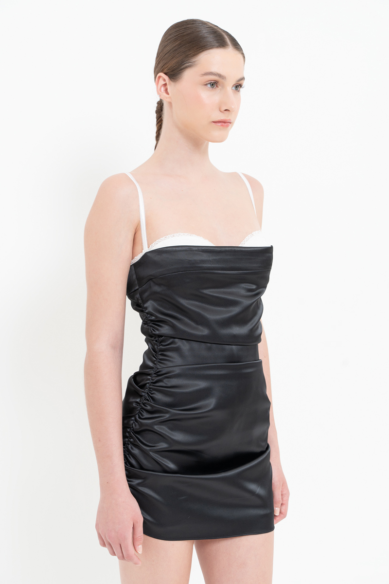 Black-Offwhite Satin Mini Dress with Bra