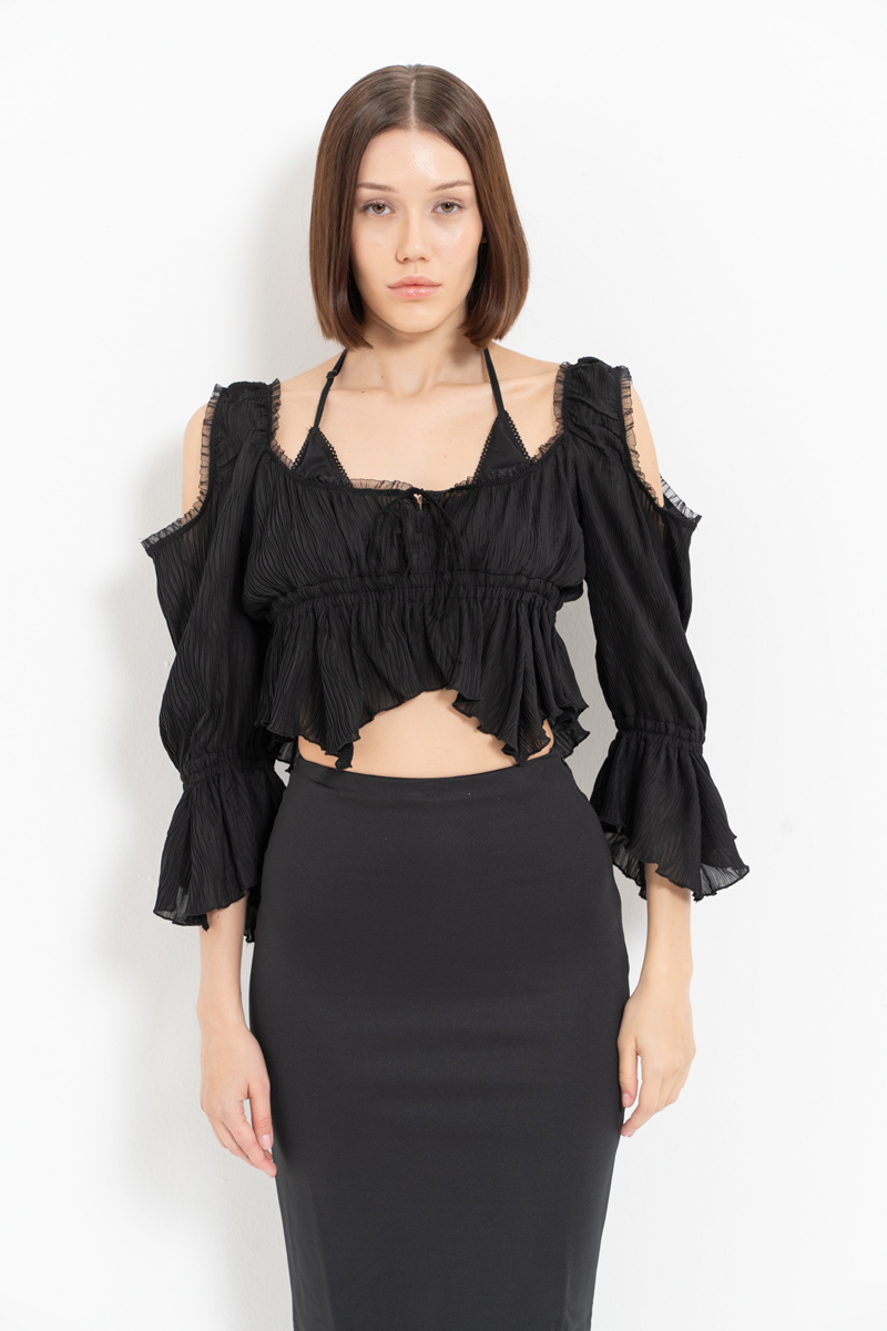 Black Cut Out Shoulder Chiffon Top