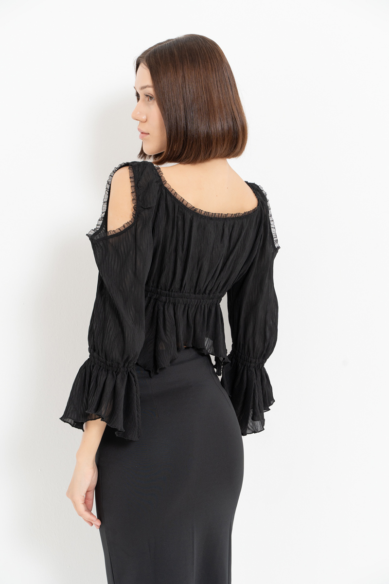 Black Cut Out Shoulder Chiffon Top