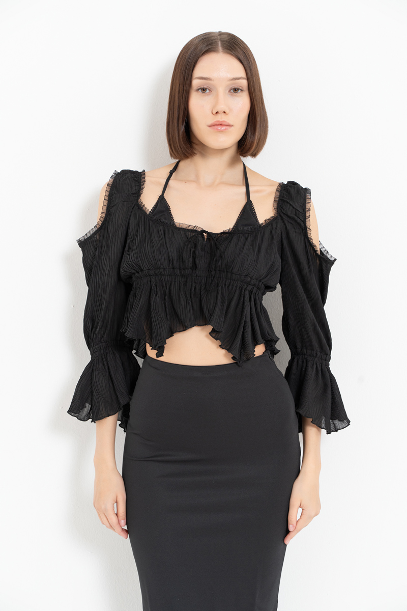 Black Cut Out Shoulder Chiffon Top