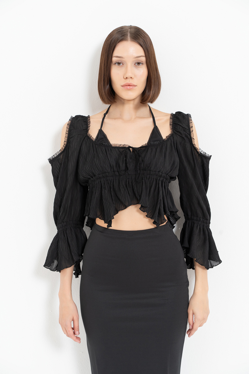 Black Cut Out Shoulder Chiffon Top