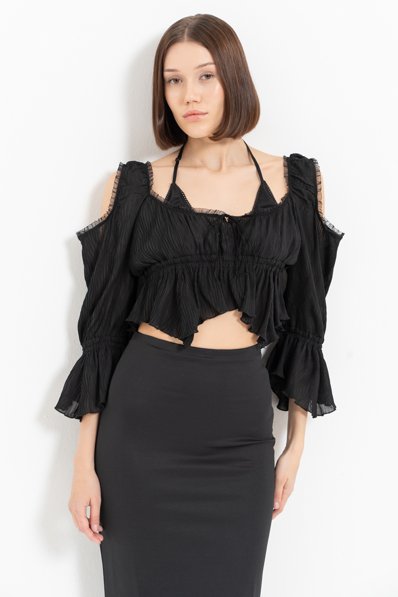 Black Cut Out Shoulder Chiffon Top