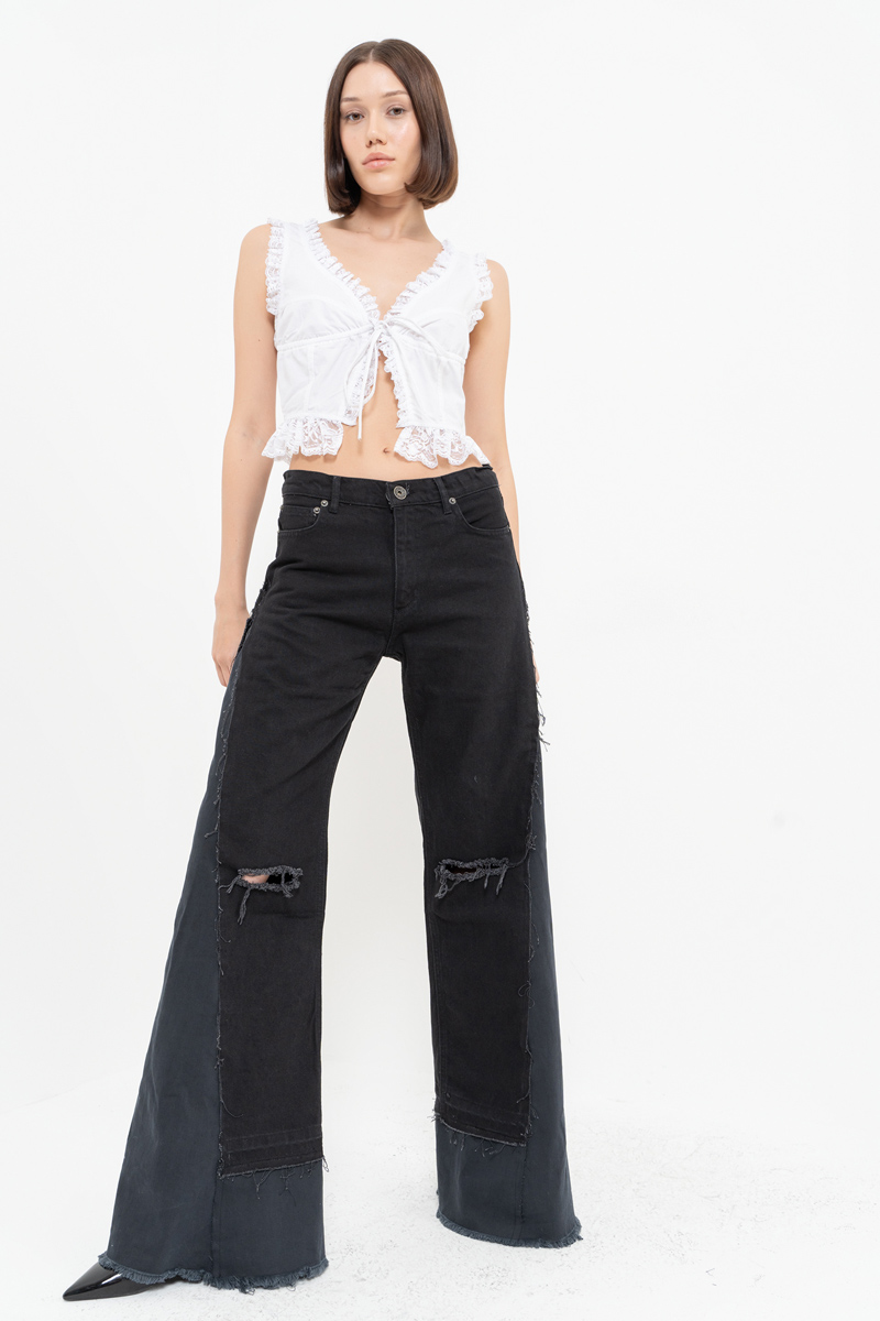 Black Slit-Design Wide-Leg Pants