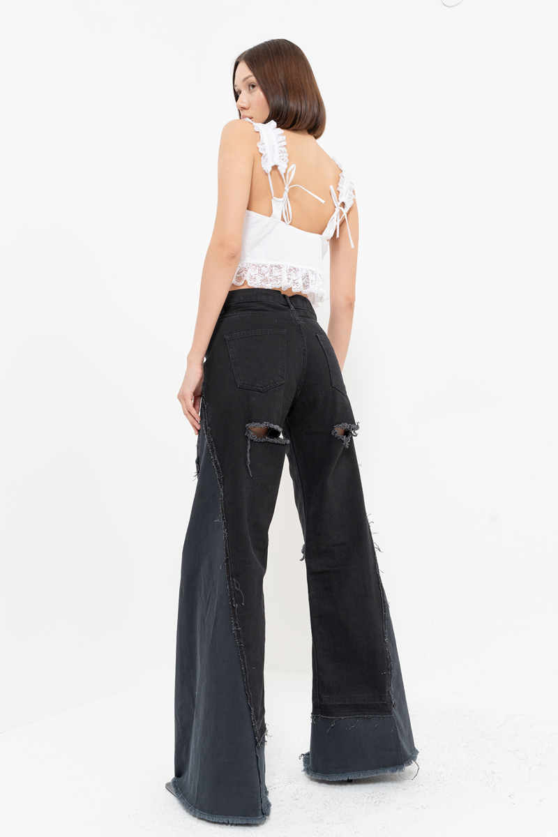 Black Slit-Design Wide-Leg Pants