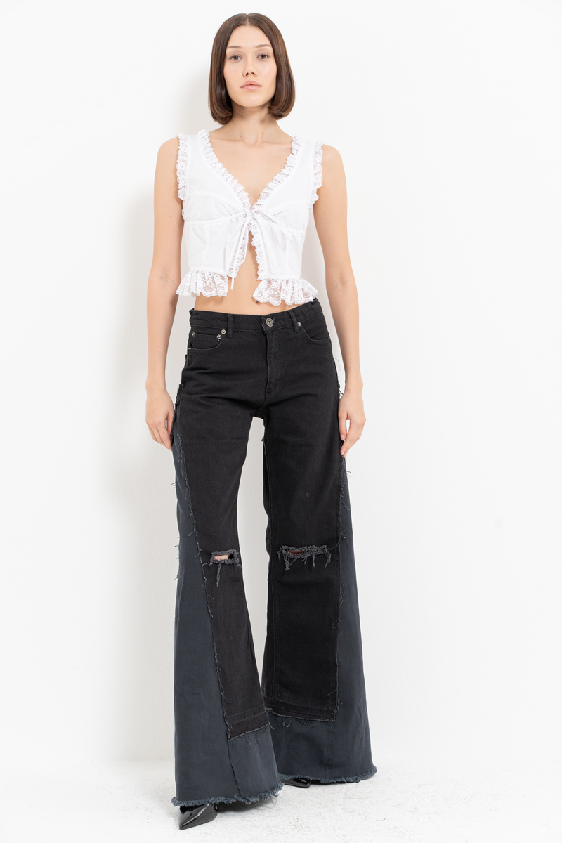 Black Slit-Design Wide-Leg Pants