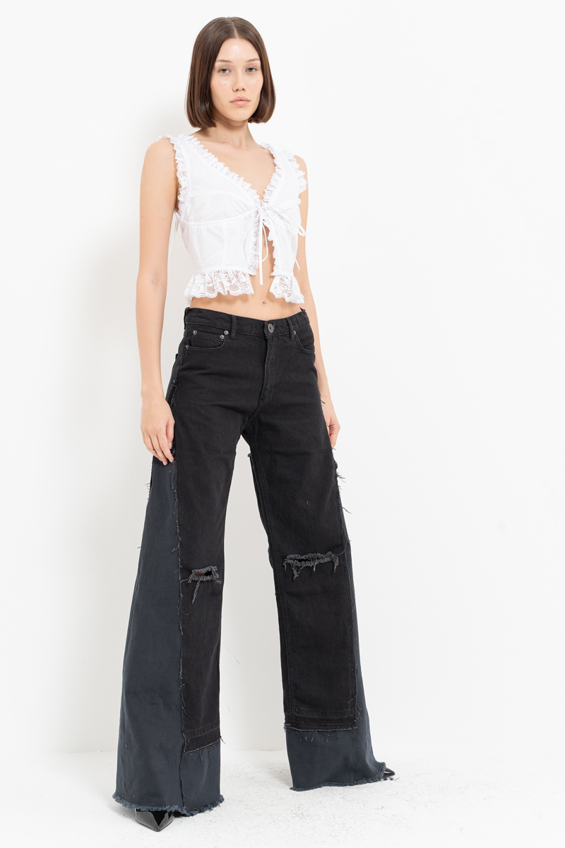 Black Slit-Design Wide-Leg Pants