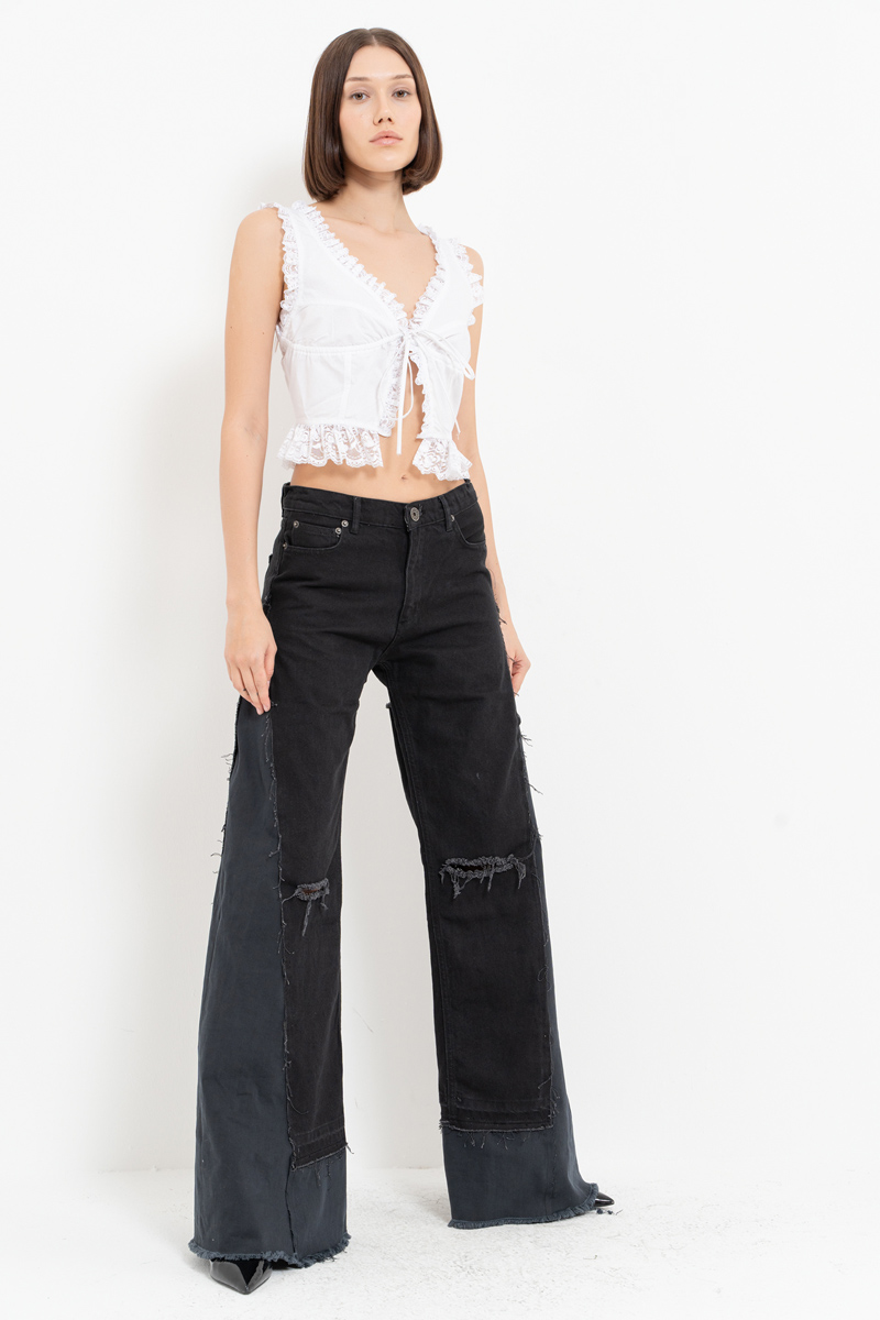 Black Slit-Design Wide-Leg Pants