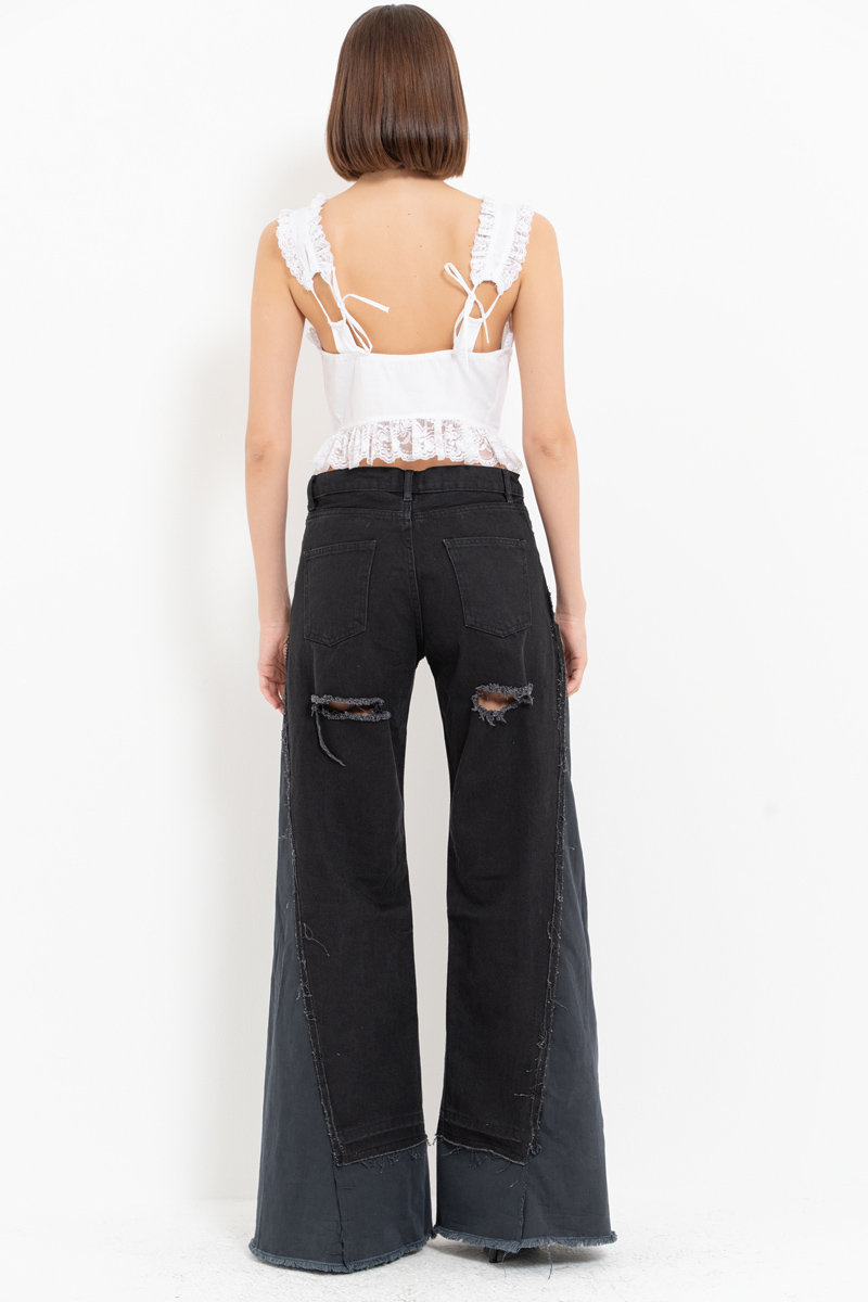 Black Slit-Design Wide-Leg Pants