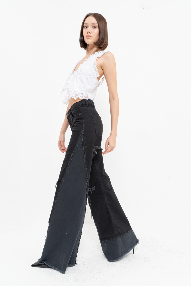 Black Slit-Design Wide-Leg Pants