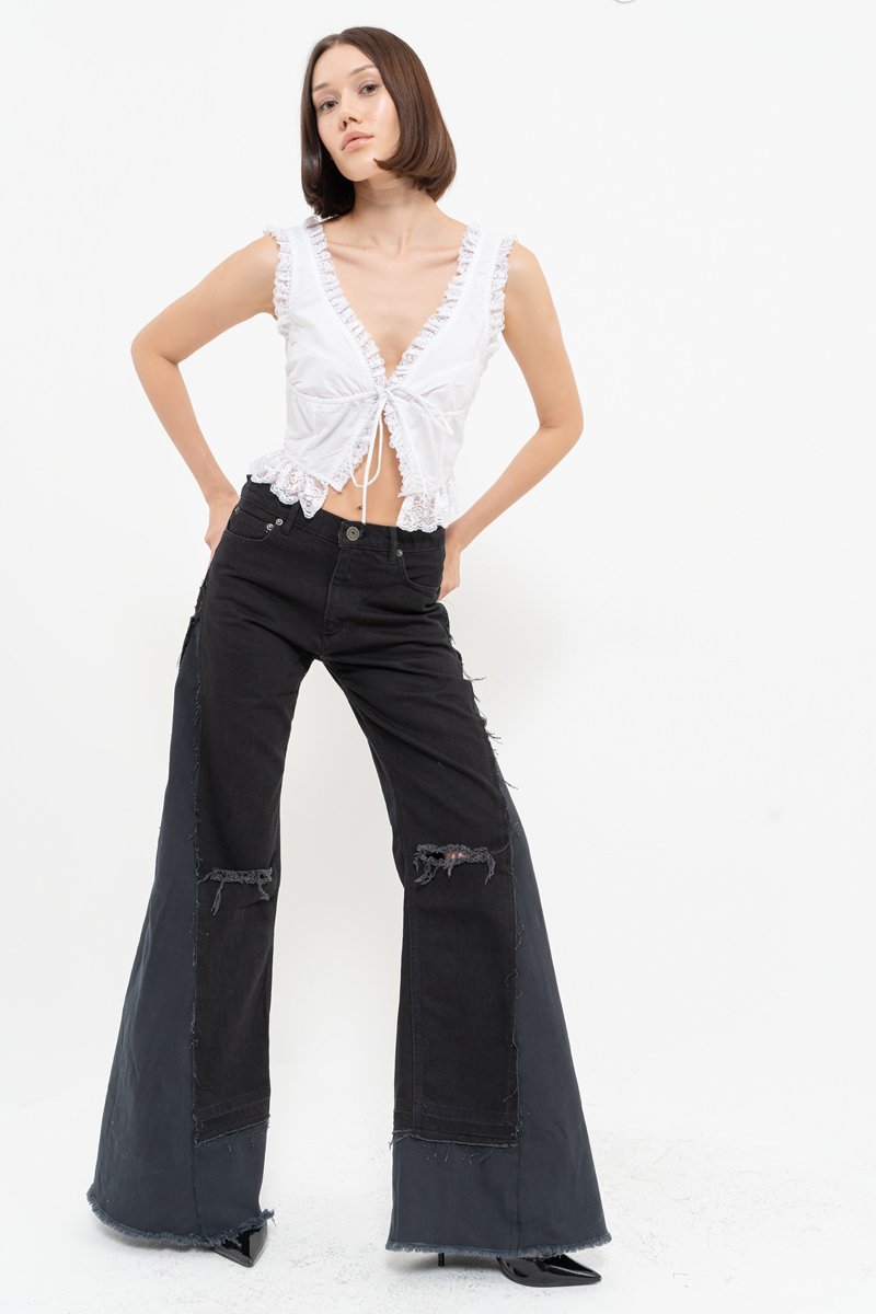 Black Slit-Design Wide-Leg Pants