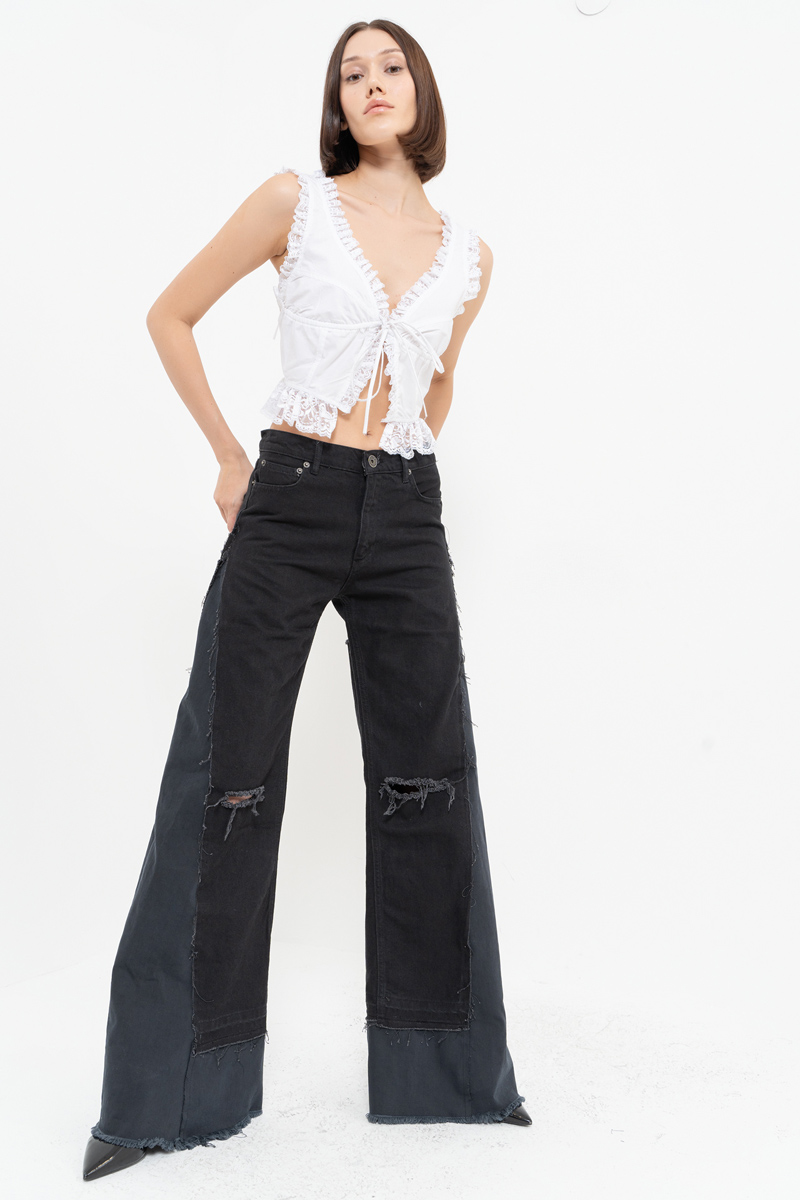 Black Slit-Design Wide-Leg Pants