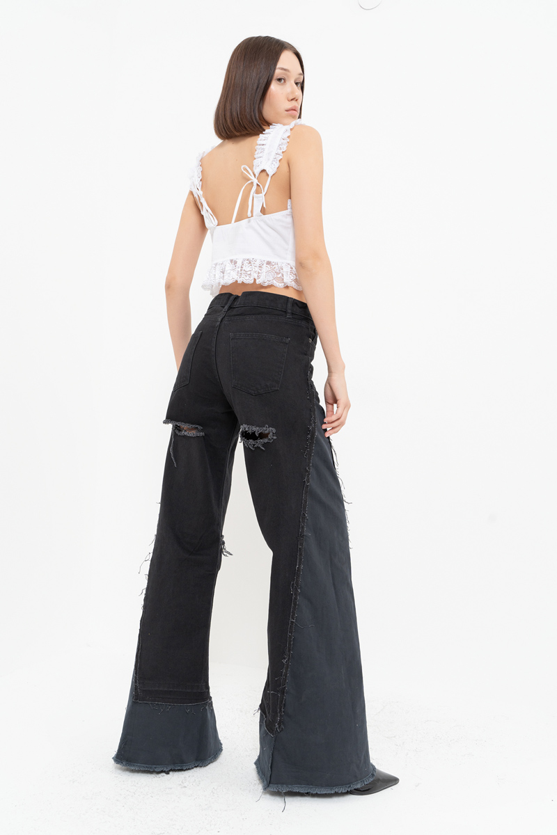 Black Slit-Design Wide-Leg Pants