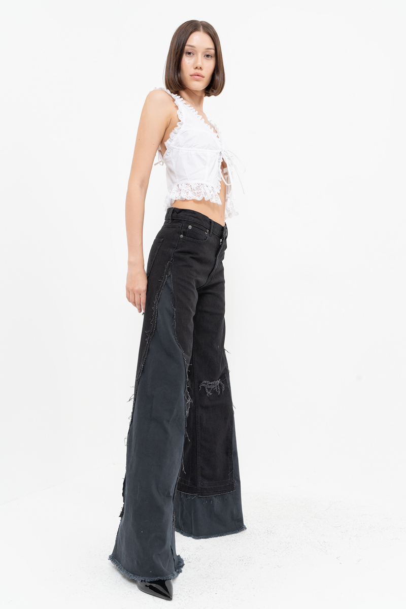 Black Slit-Design Wide-Leg Pants