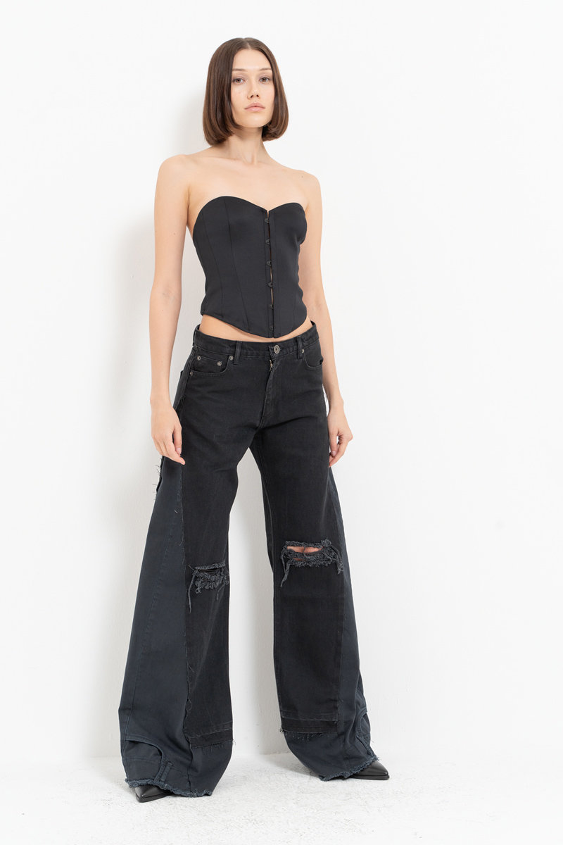 Black Slit-Design Wide-Leg Pants