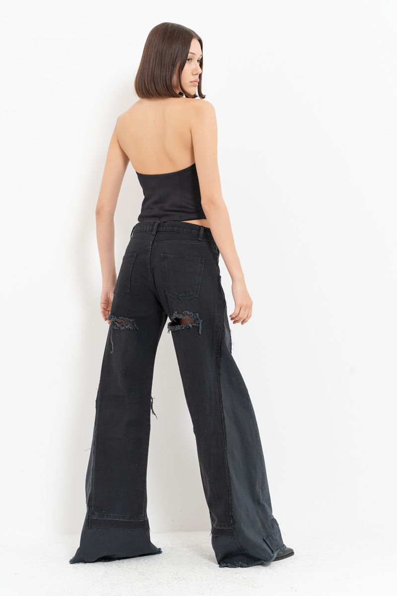 Black Slit-Design Wide-Leg Pants