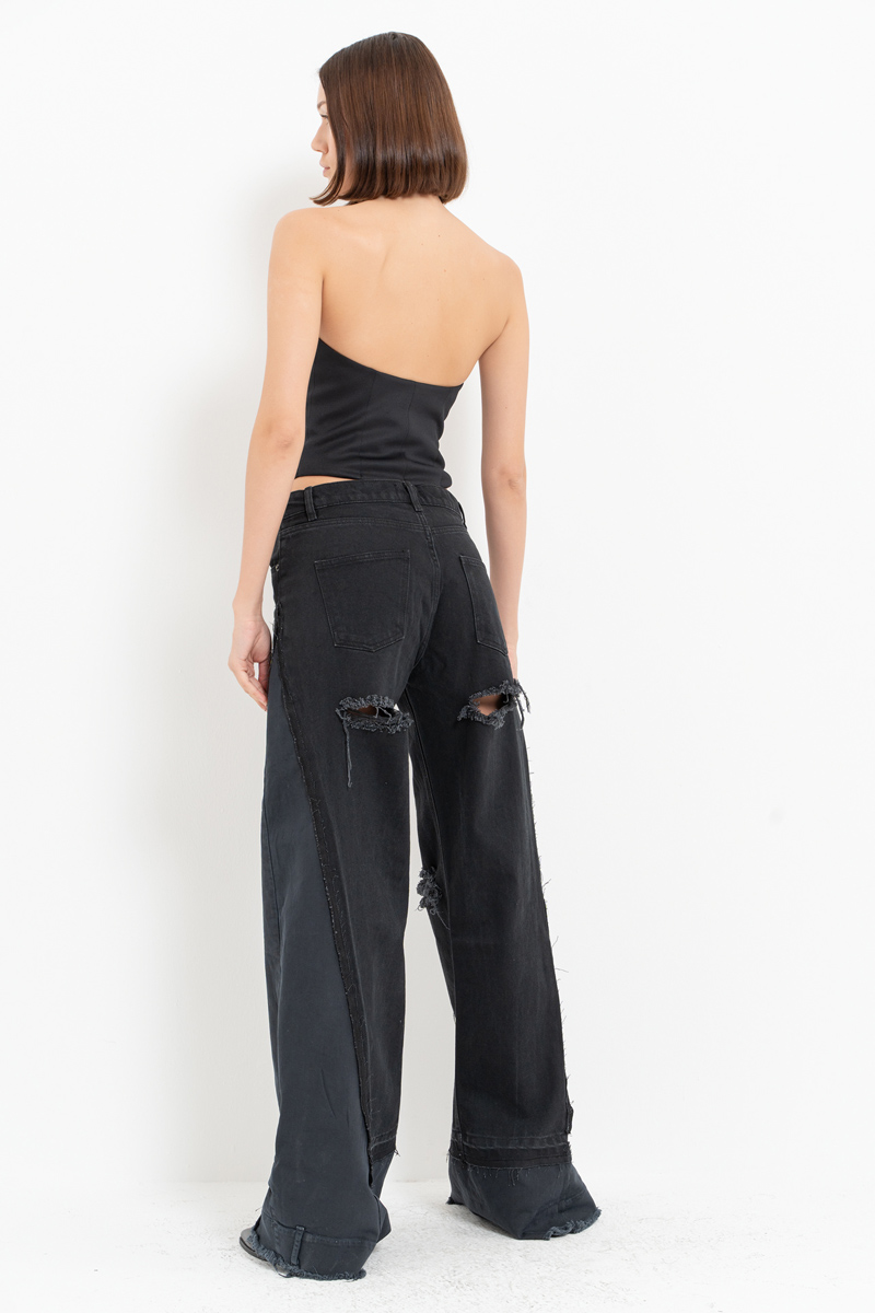 Black Slit-Design Wide-Leg Pants