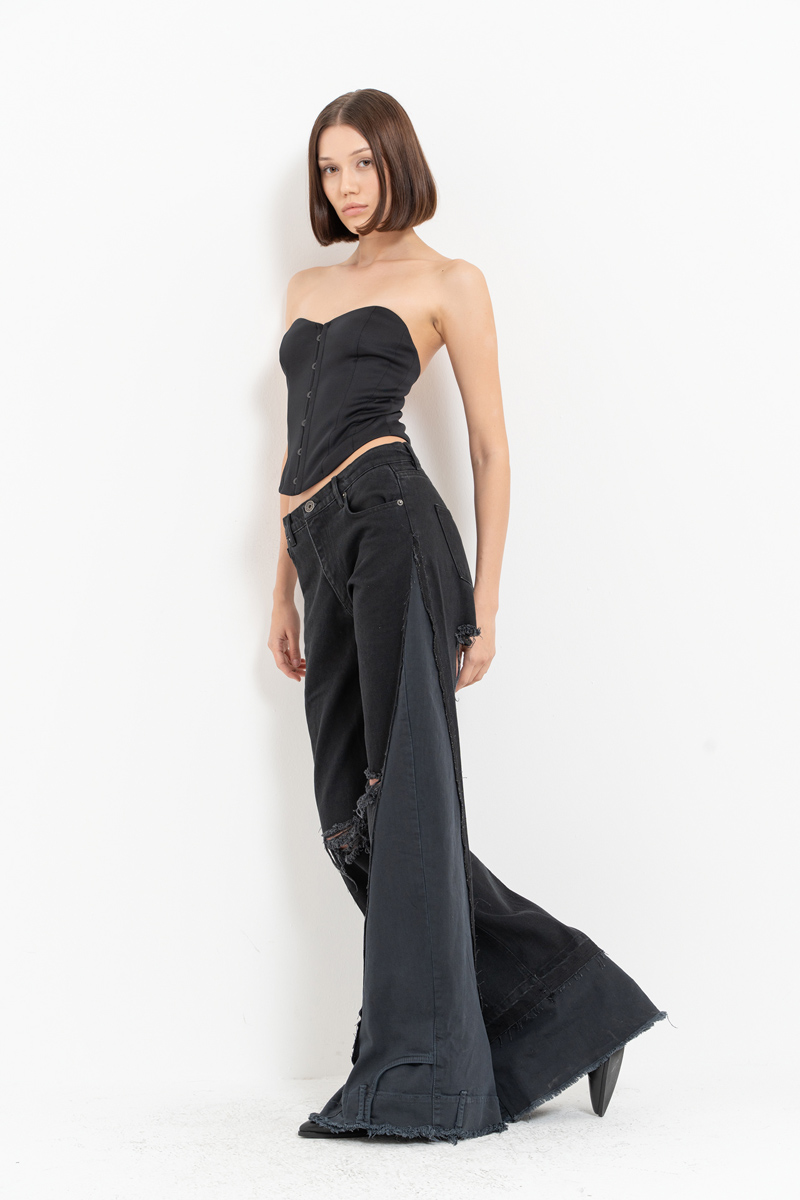 Black Slit-Design Wide-Leg Pants