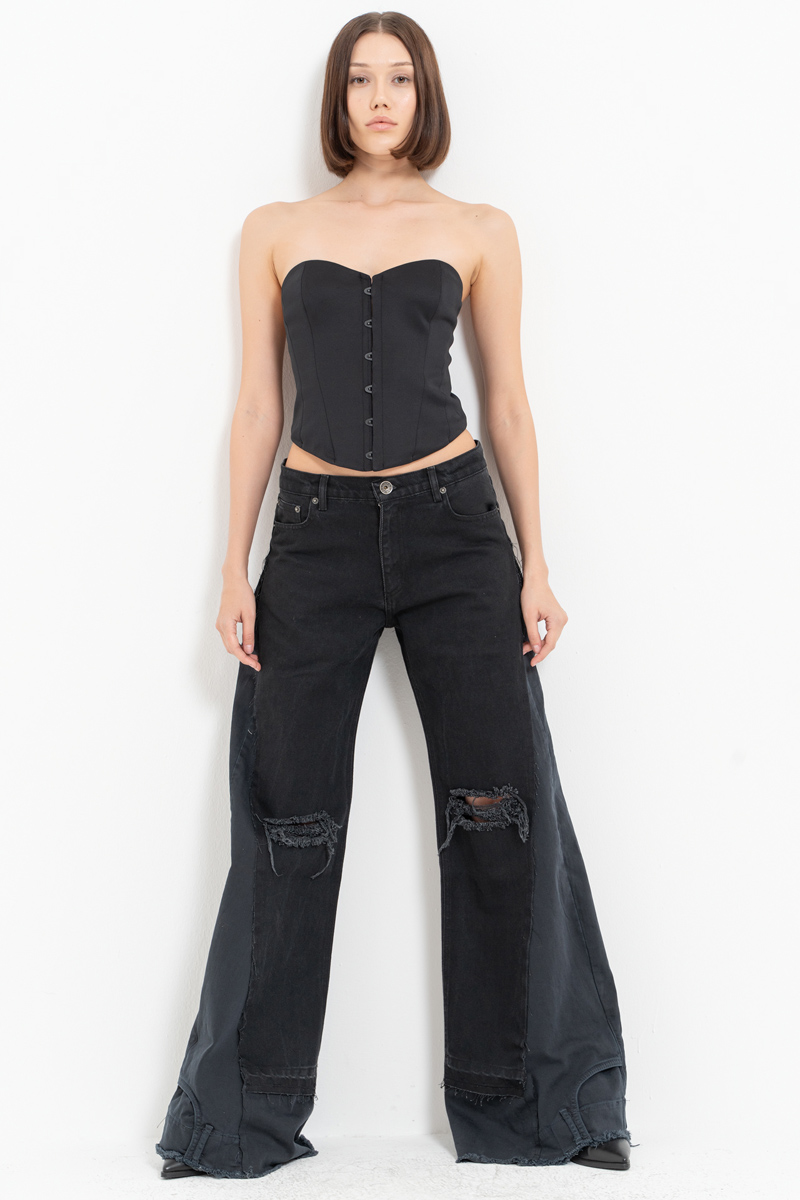 Black Slit-Design Wide-Leg Pants