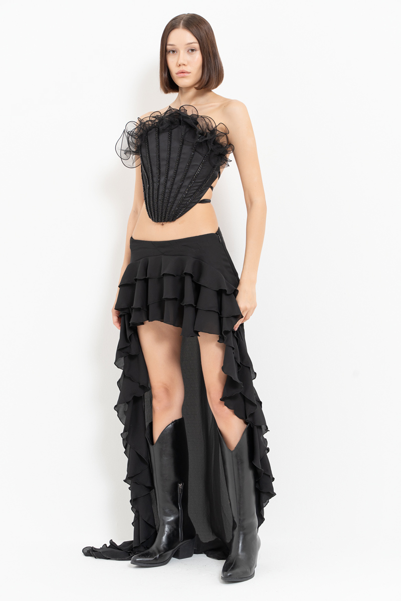 Black Ruffle-Trim High-Low Skirt