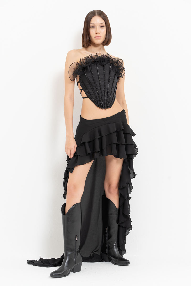Black Ruffle-Trim High-Low Skirt