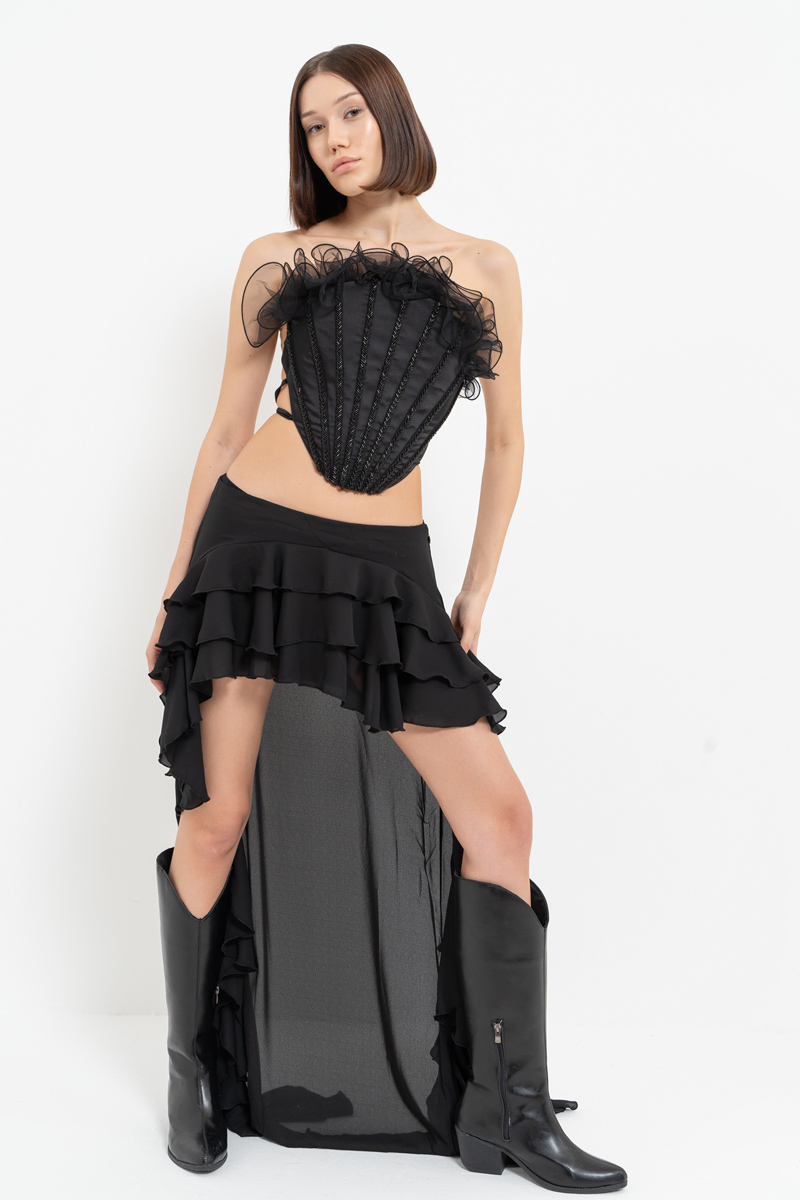 Wholesale Black Ruffle-Trim High-Low Skirt