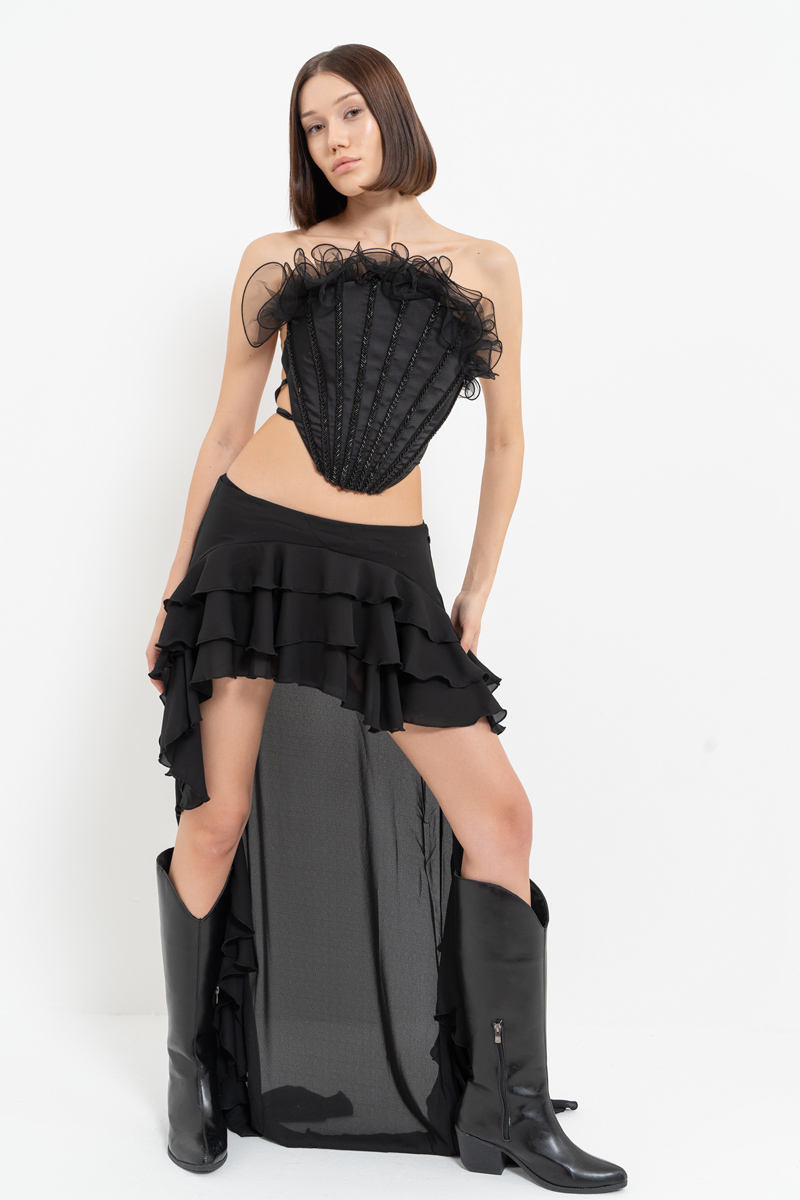 Black Ruffle-Trim High-Low Skirt