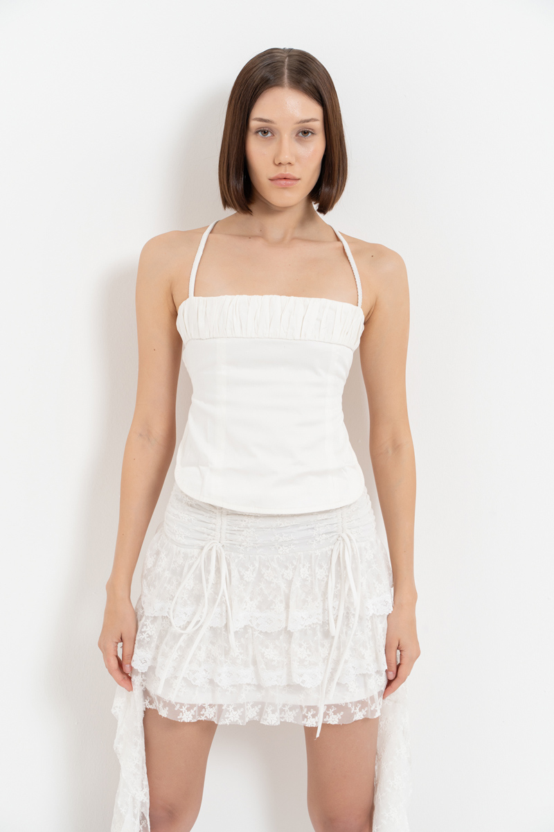 Offwhite Tiered Lace Mini Skirt